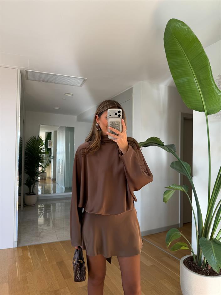 Yarasa Kol Mini Saten Elbise - Kahve