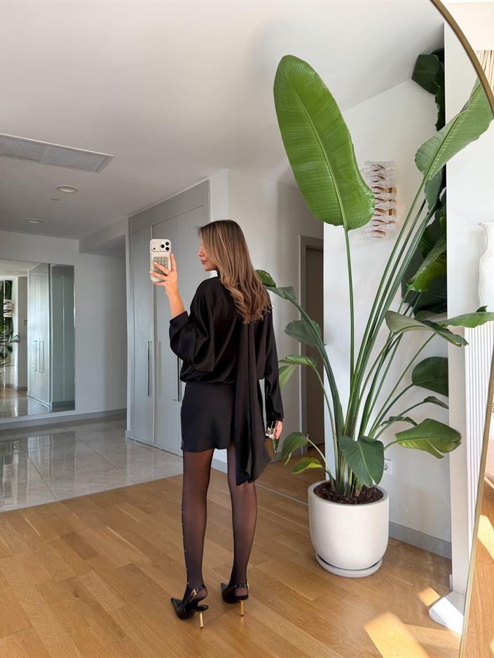 Yarasa Kol Mini Saten Elbise - Siyah