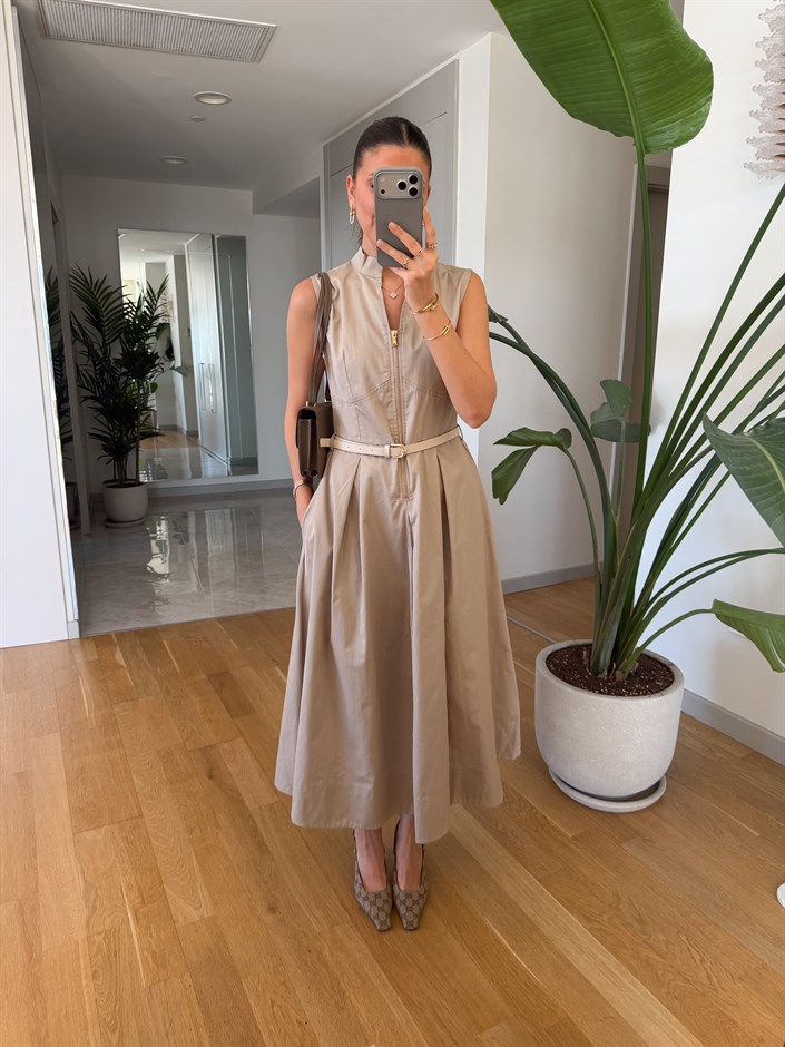 Yarım Fermuarlı Kemerli Elbise - Taş