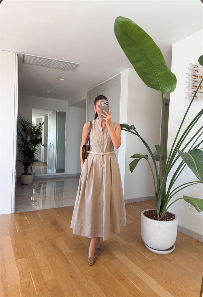 Yarım Fermuarlı Kemerli Elbise - Taş