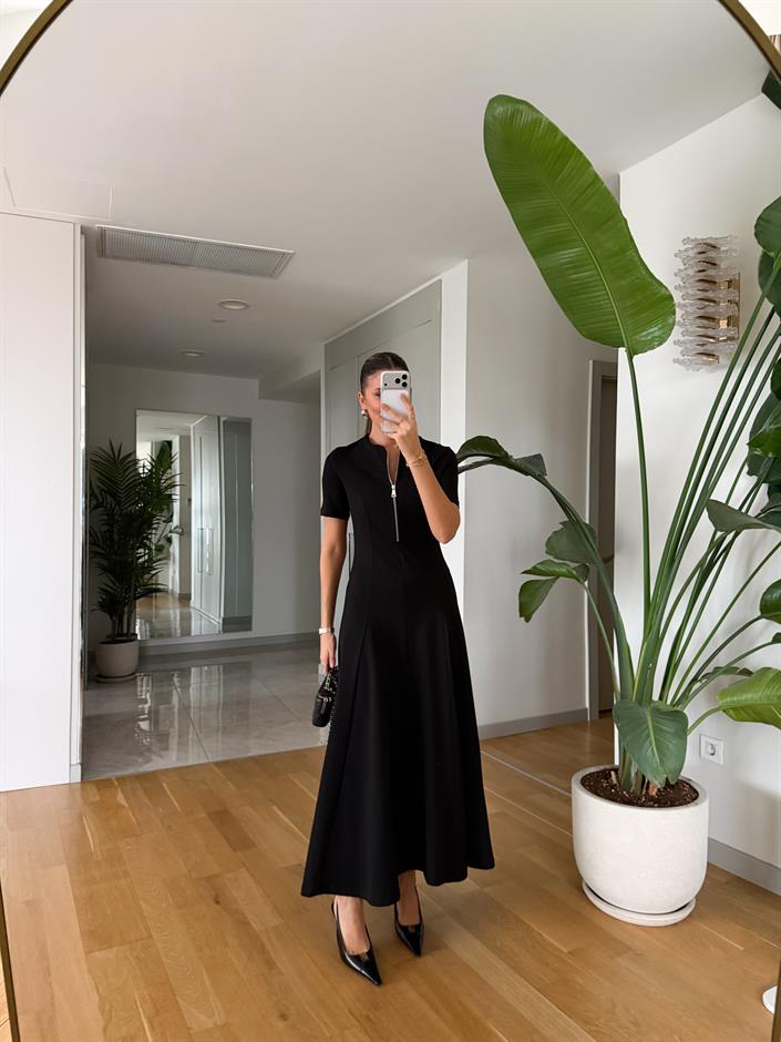 Yarım Kol Fermuarlı Midi Elbise - Siyah