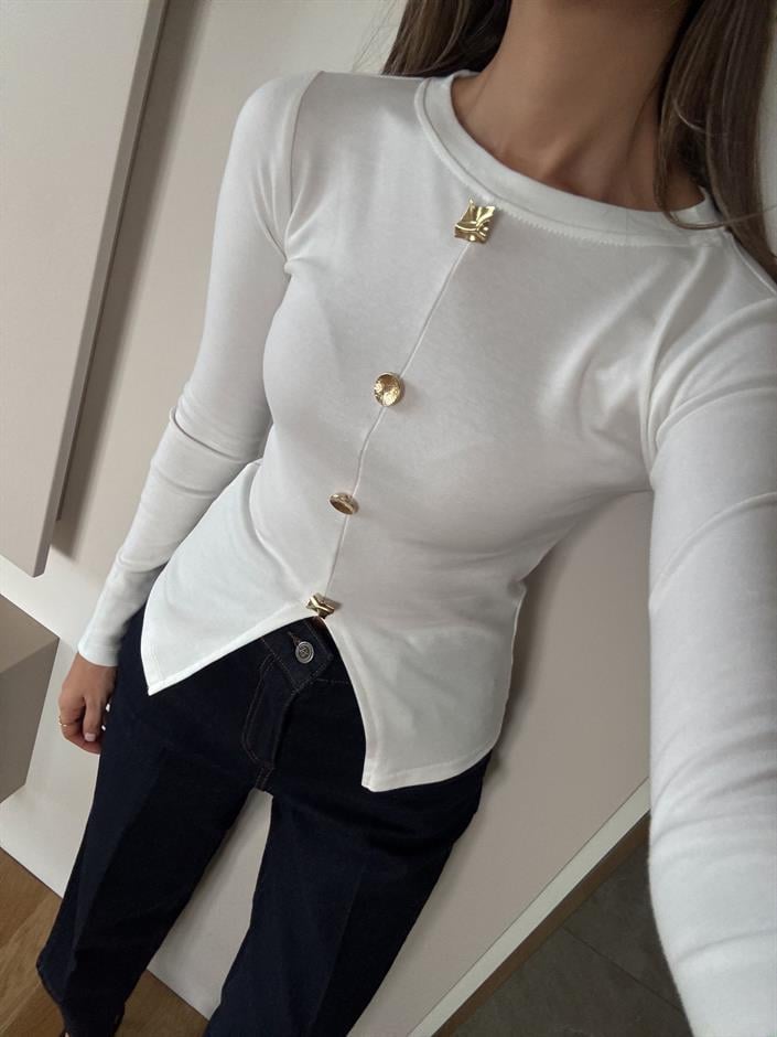 Yelly Önü Yırtmaçlı  Bluz - Ekru