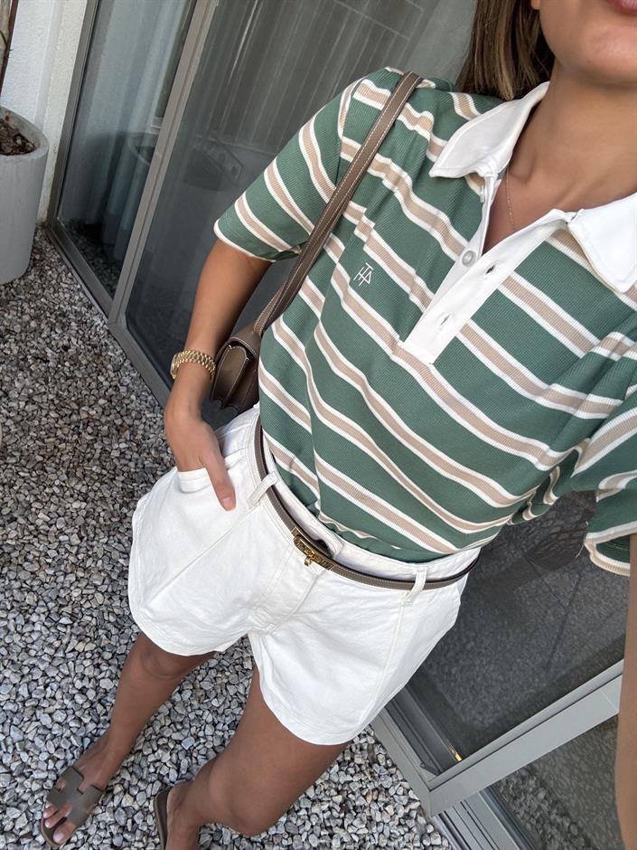 Yeşil Ekru Çizgili Polo Yaka Tişört