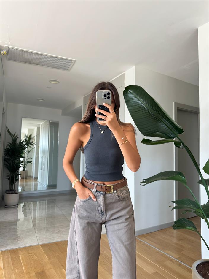 Yıkamalı Yırtık Detaylı Atlet- Antrasit