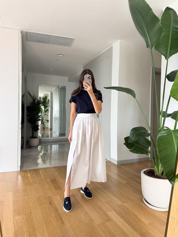 Yırtmaçlı Midi Boy Paraşüt Etek- Beyaz