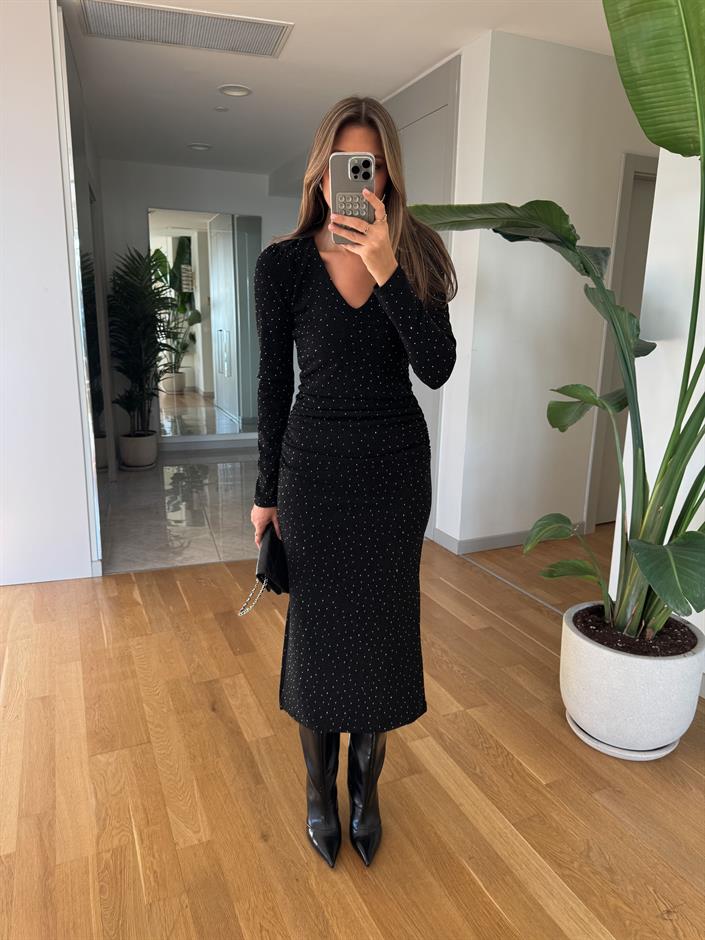 Yırtmaçlı V YakaTaşlı Elbise - Siyah 