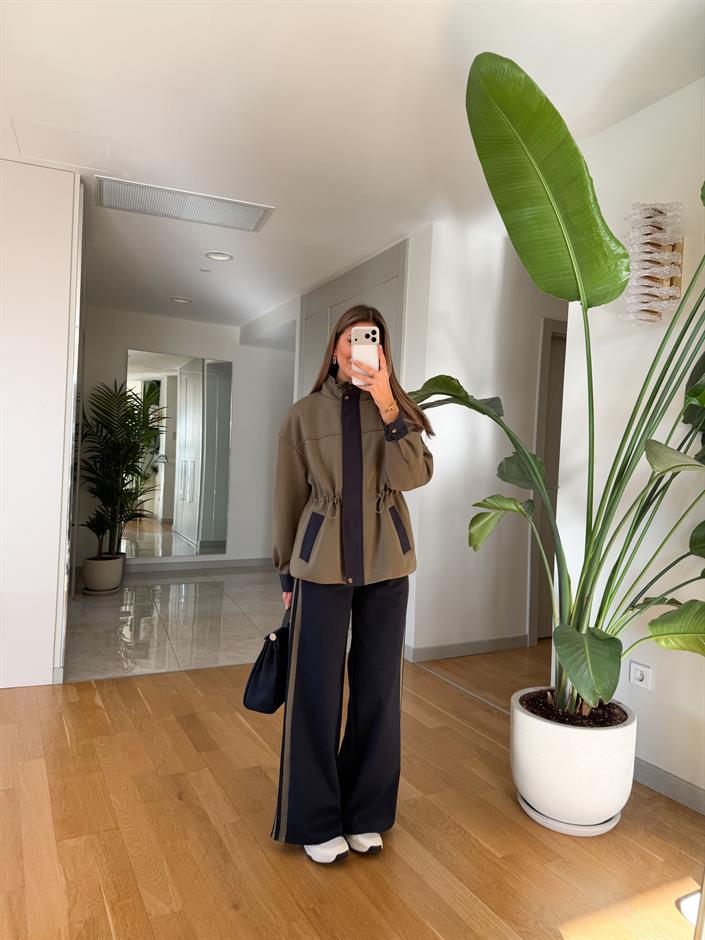 Yona Garnili Şeritli Tasarım Takım - Haki