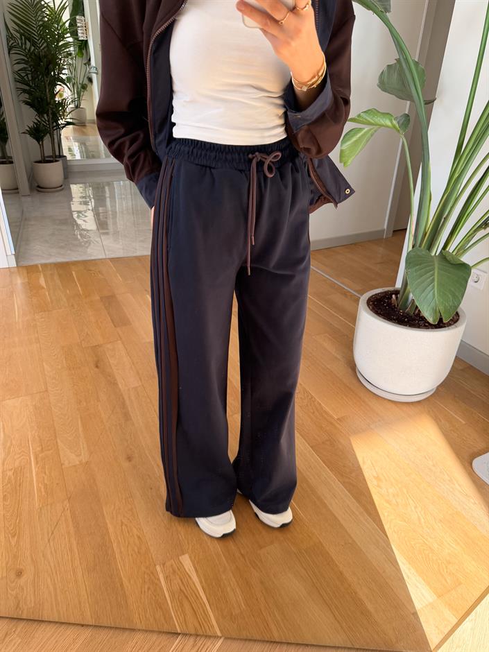 Yona Garnili Şeritli Tasarım Takım - Kahve