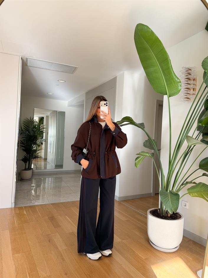 Yona Garnili Şeritli Tasarım Takım - Kahve