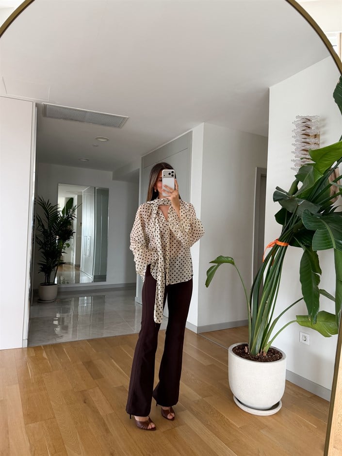 Yüksek Bel Şerit Detaylı Pantolon - Kahve