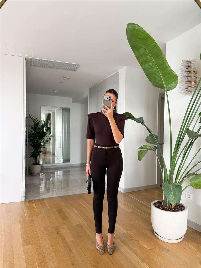 Yüksek Bel Tayt Pantolon - Koyu Kahve