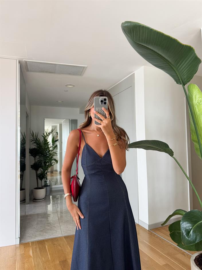 Zr Askılı Midi Denim Elbise 