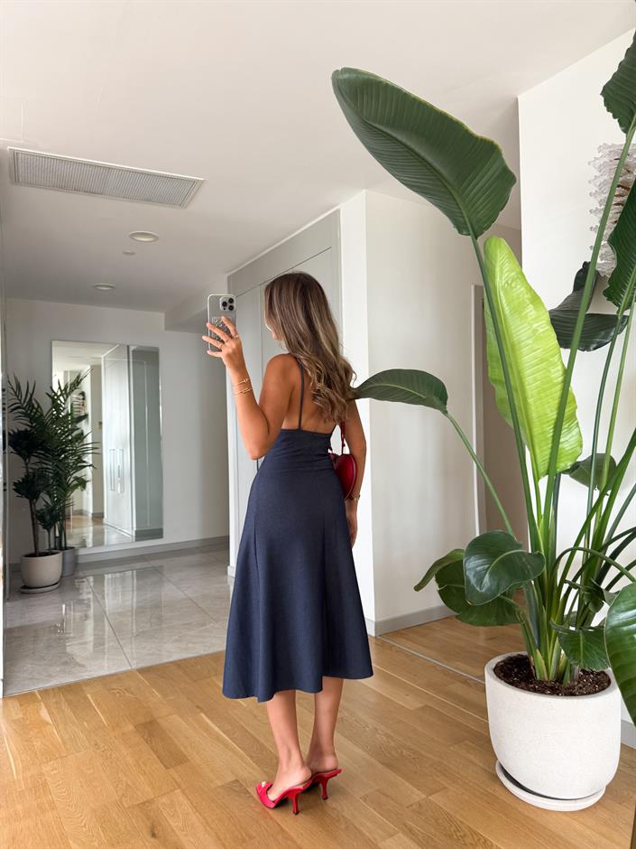 Zr Askılı Midi Denim Elbise 