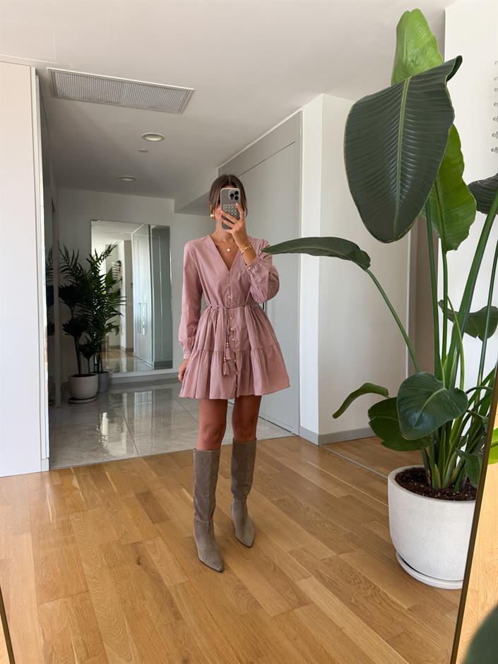 Zr Beli İp Detaylı Mini Elbise - Gül Kurusu