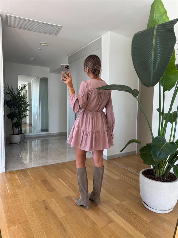 Zr Beli İp Detaylı Mini Elbise - Gül Kurusu