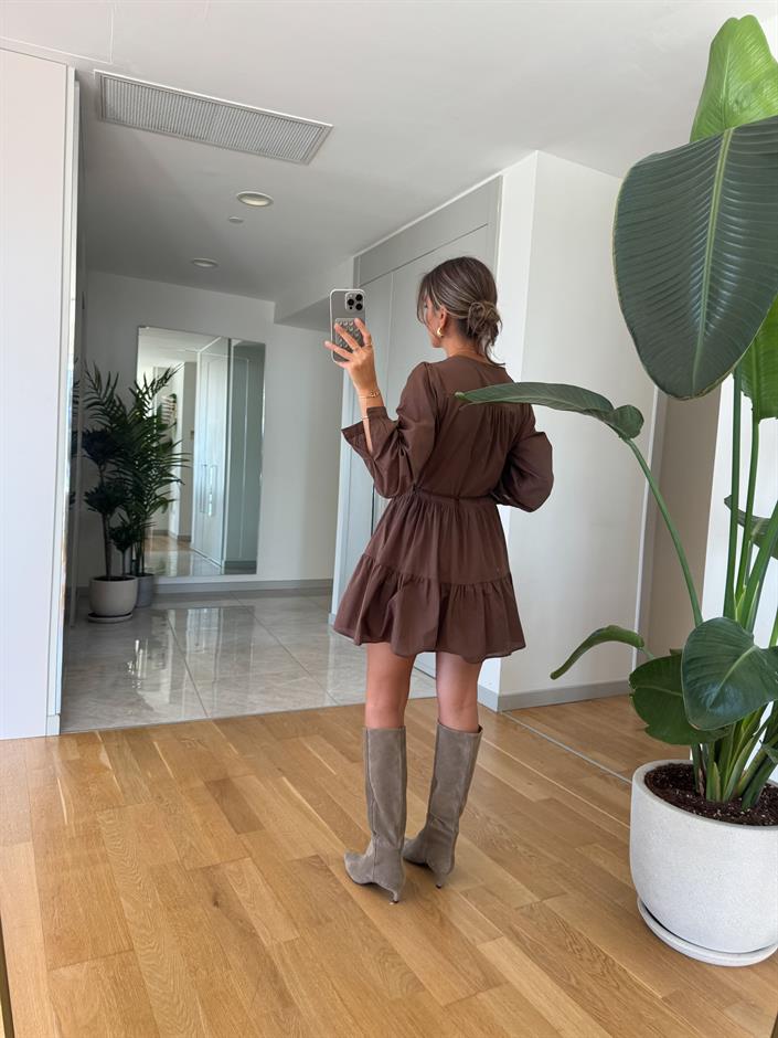 Zr Beli İp Detaylı Mini Elbise - Kahve