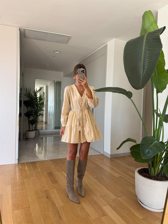 Zr Beli İp Detaylı Mini Elbise - Taş