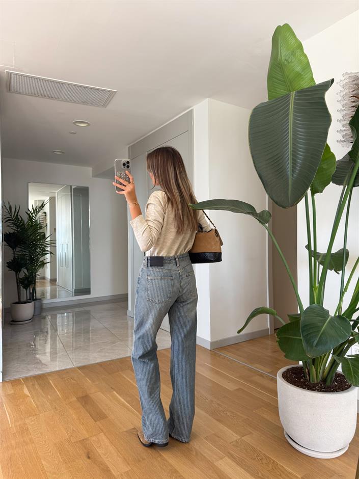 Zr Çizgi Desenli Straight Jean 