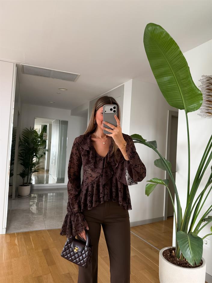 Zr Floral Desenli Fırfırlı Bluz - Mocha