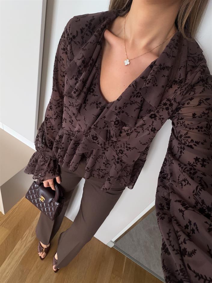 Zr Floral Desenli Fırfırlı Bluz - Mocha