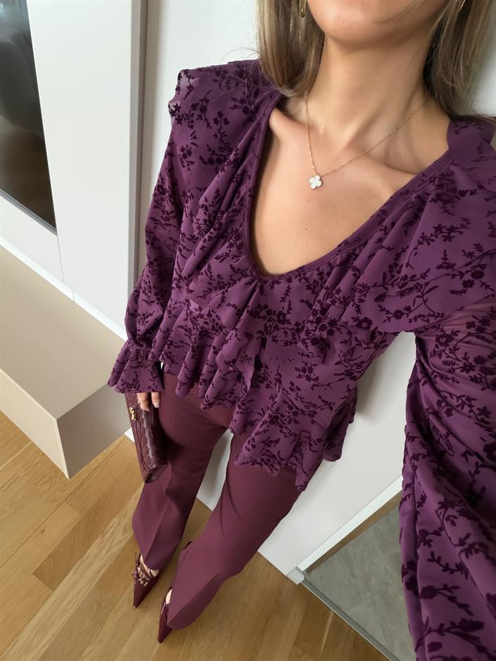 Zr Floral Desenli Fırfırlı Bluz - Mürdüm