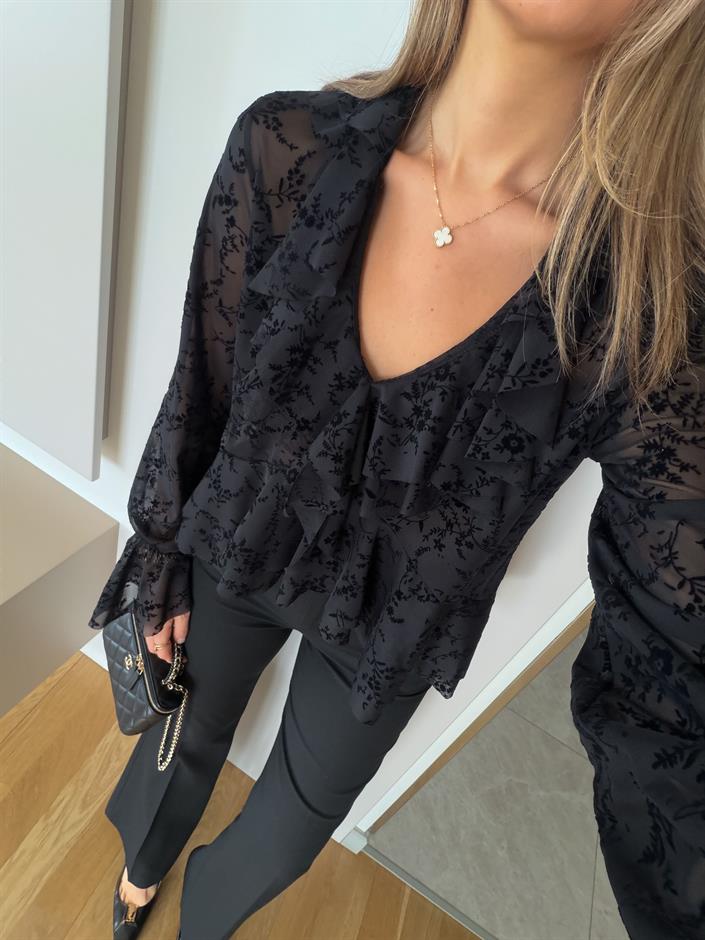 Zr Floral Desenli Fırfırlı Bluz - Siyah