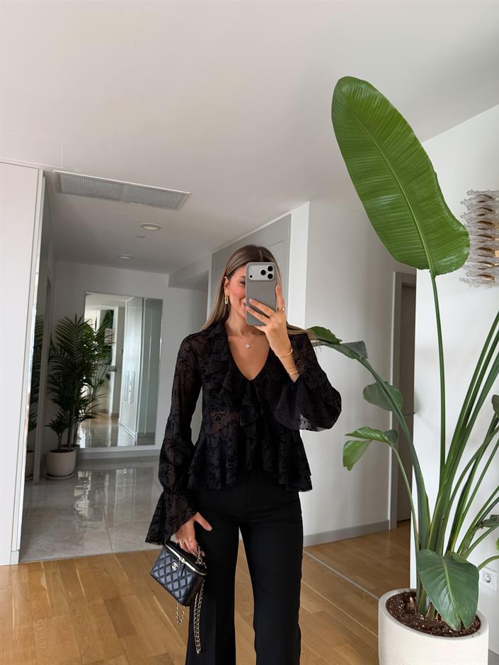 Zr Floral Desenli Fırfırlı Bluz - Siyah