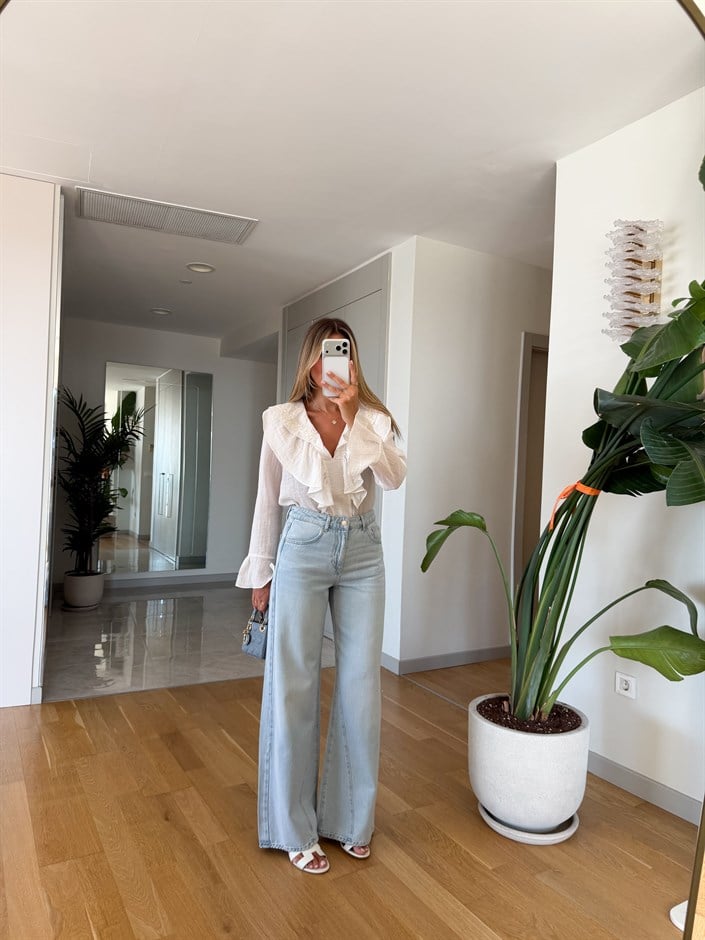 Zr Paça Detaylı Wide Leg Jean - Açık Mavi 