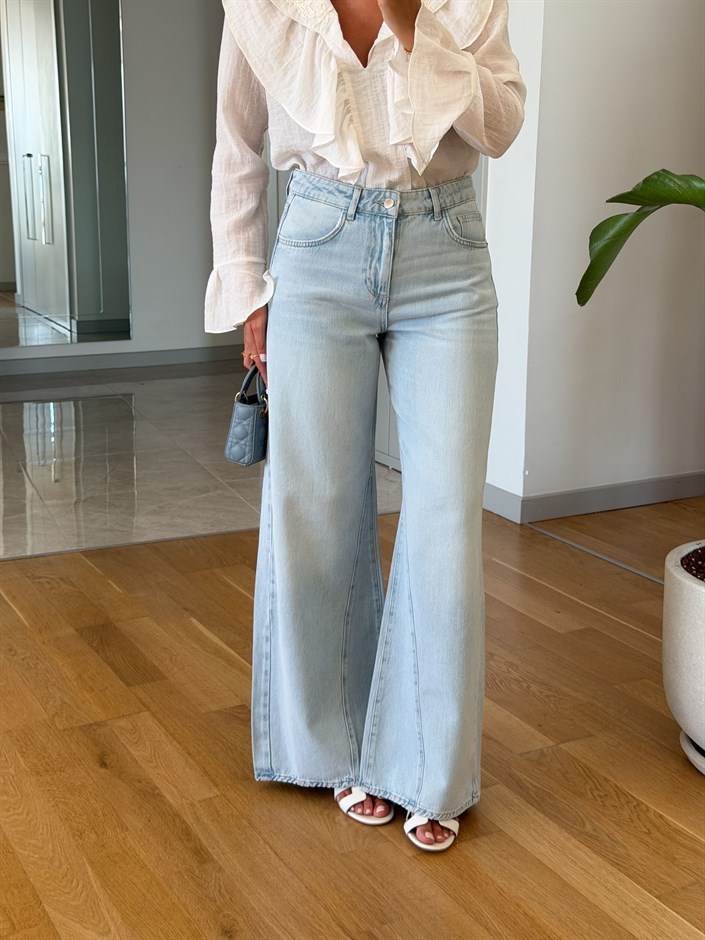 Zr Paça Detaylı Wide Leg Jean - Açık Mavi 