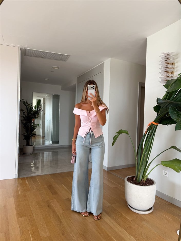 Zr Paça Detaylı Wide Leg Jean - Açık Mavi 