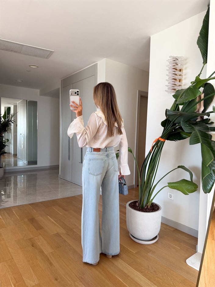 Zr Paça Detaylı Wide Leg Jean - Açık Mavi 