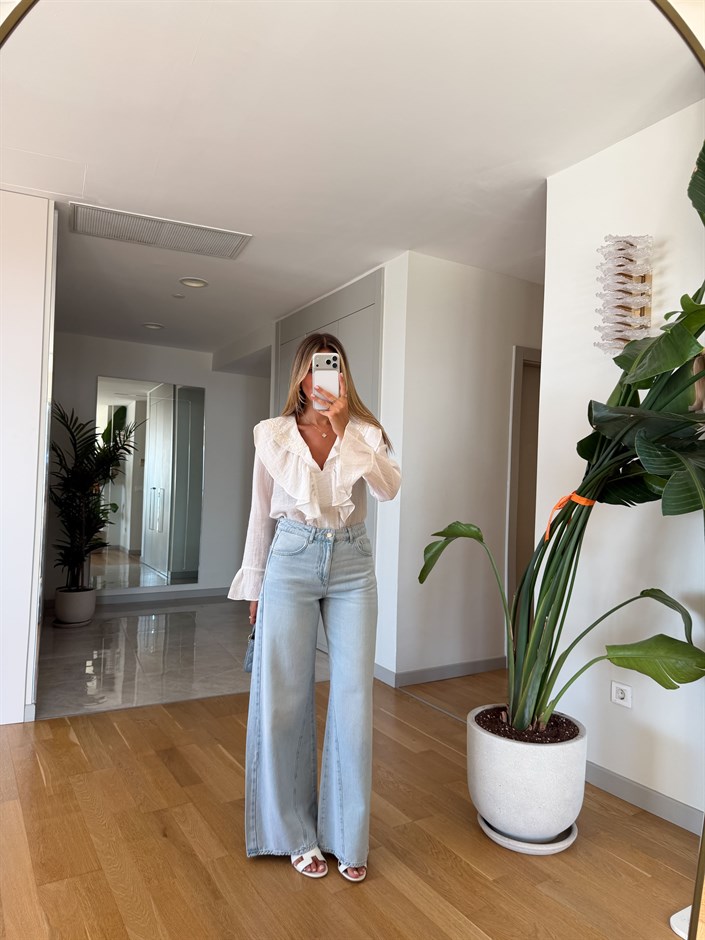Zr Paça Detaylı Wide Leg Jean - Açık Mavi 