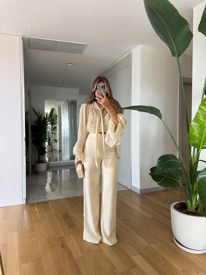 Zr Saten Dokulu Palazzo Pantolon - Ekru