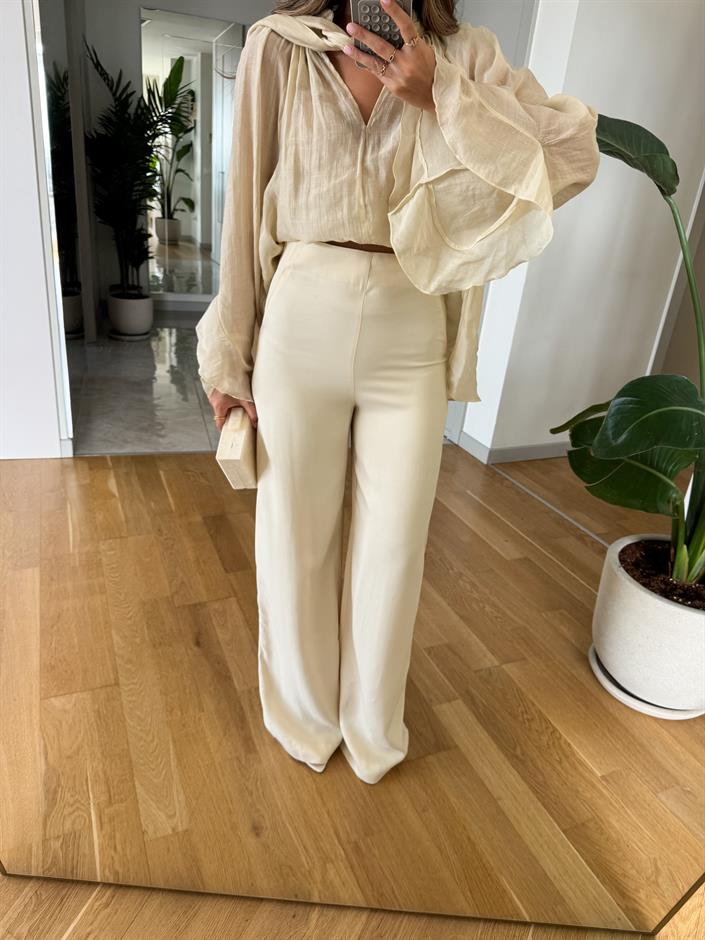 Zr Saten Dokulu Palazzo Pantolon - Ekru