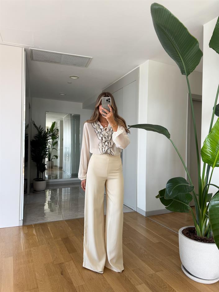 Zr Saten Dokulu Palazzo Pantolon - Ekru