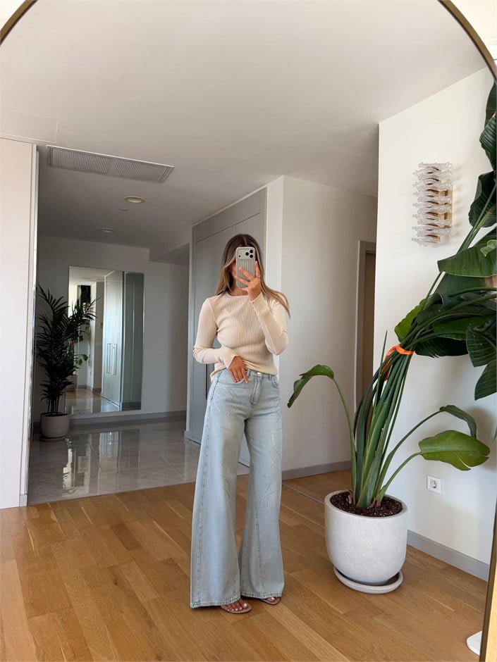 Zr Taşlı Wide Leg Jean - Açık Mavi 