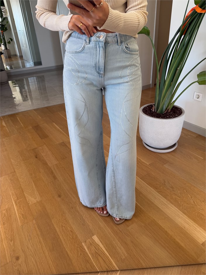 Zr Taşlı Wide Leg Jean - Açık Mavi 
