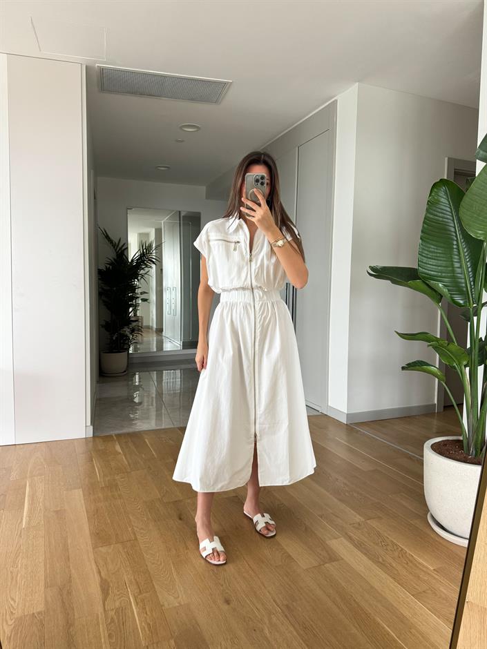 Beyaz Poplin Fermuarlı Midi Elbise | Butik Merve Aksoy