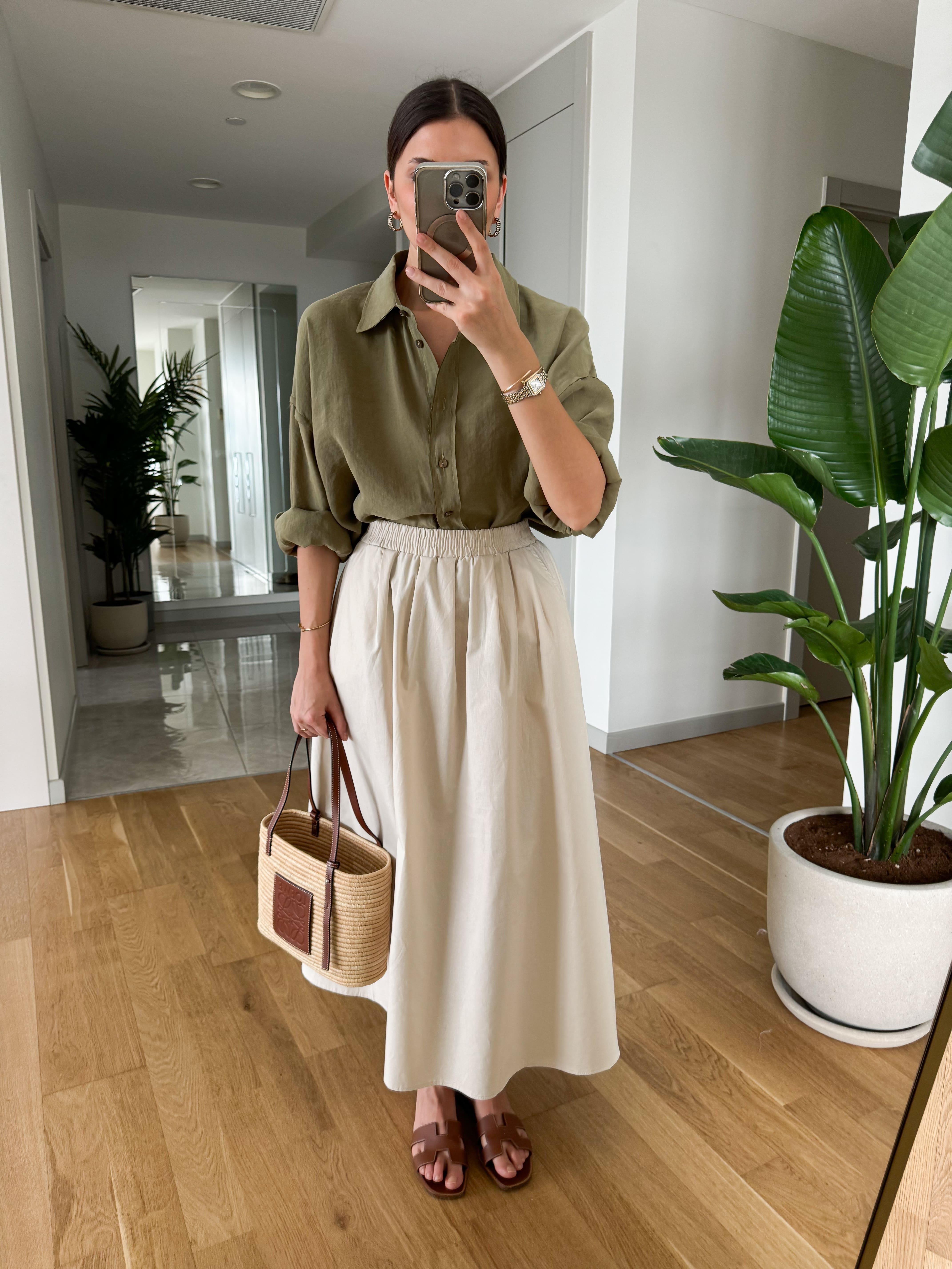 めいよ① Beli Lastikli Poplin Midi Etek-Ekru | Butik Merve Aksoy
