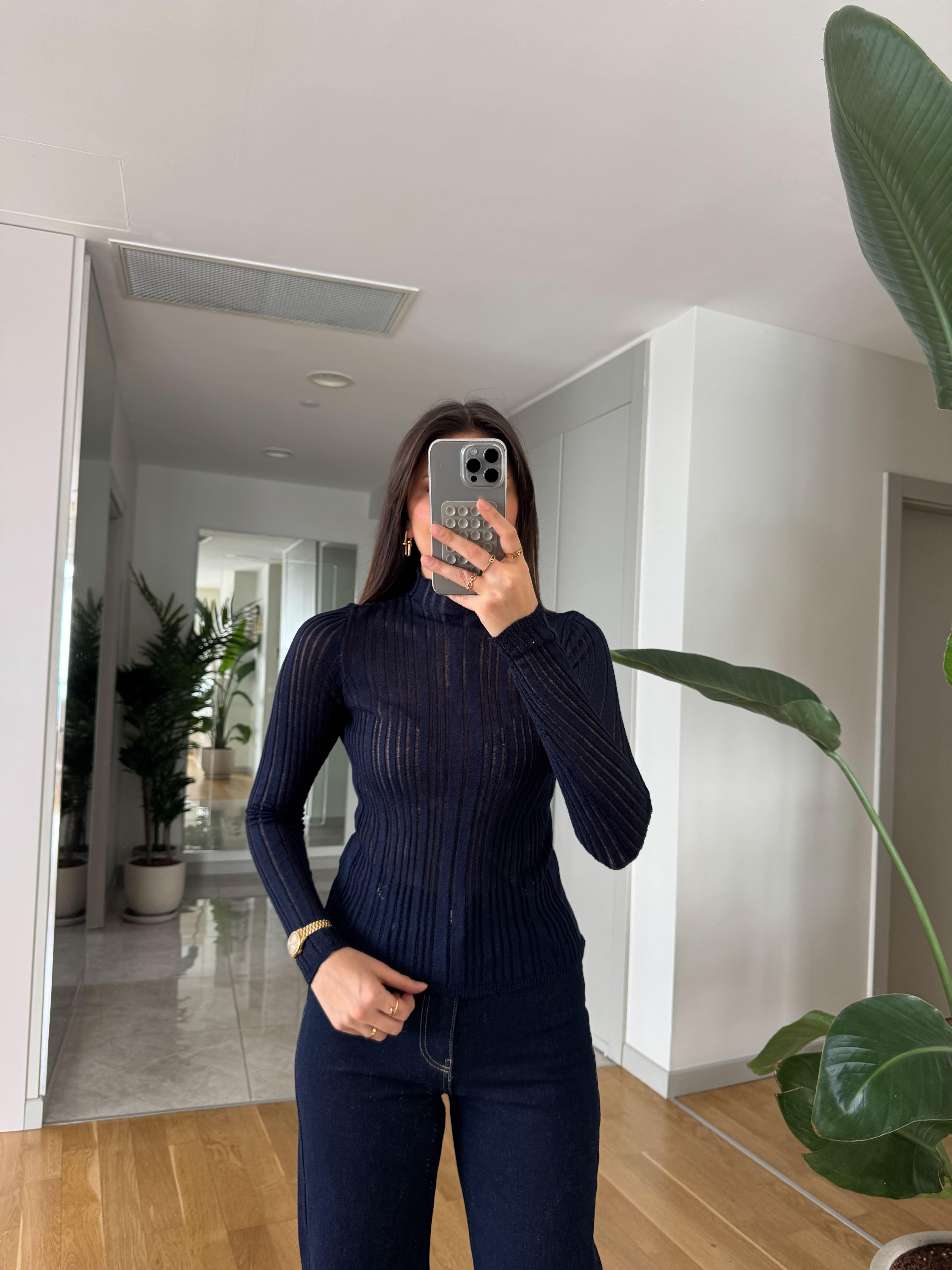 Dik Yaka Fitilli Transparan Bluz- Lacivert | Butik Merve Aksoy