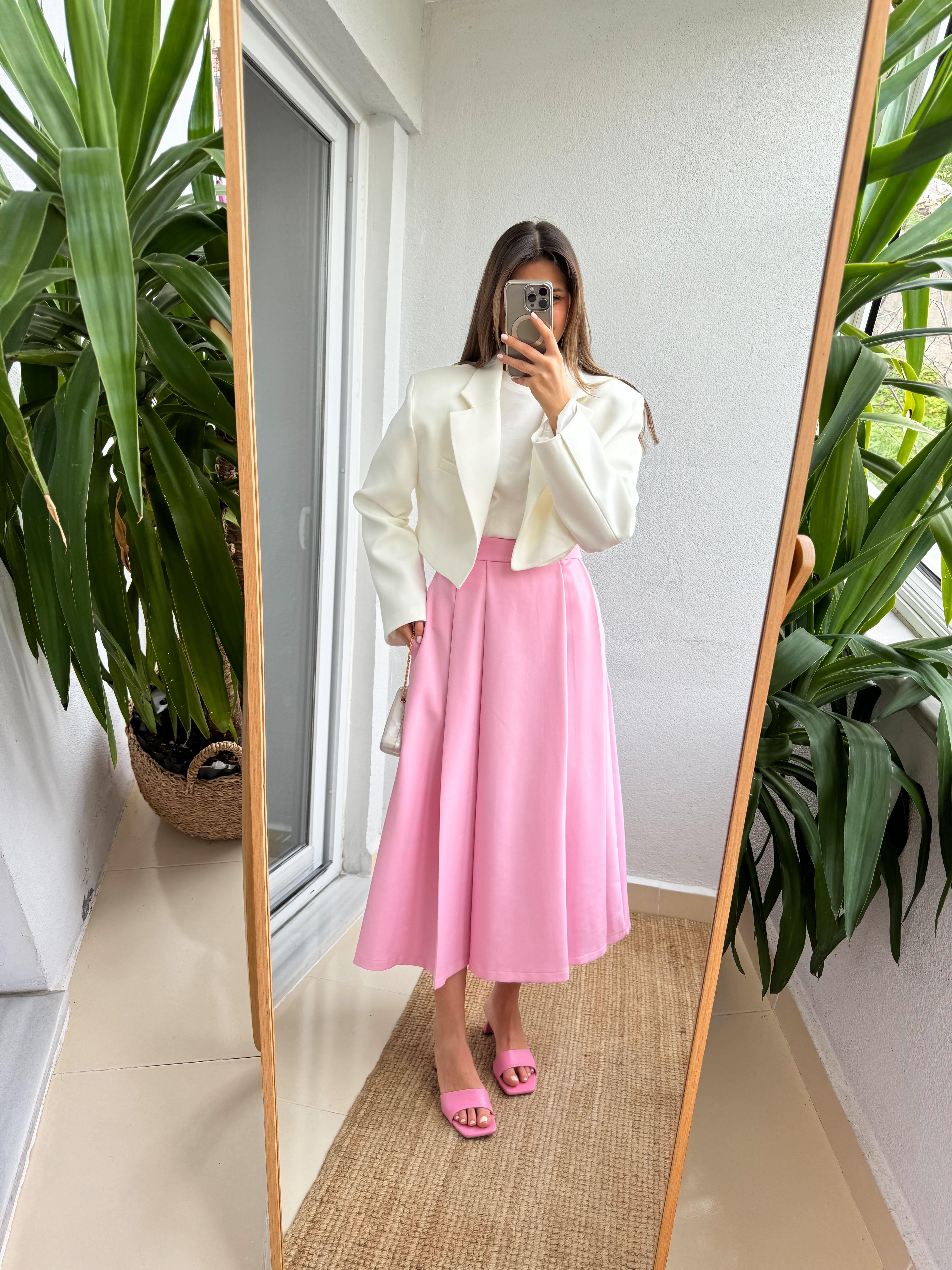 Pileli Midi Boy Kiloş Etek -Pembe | Butik Merve Aksoy