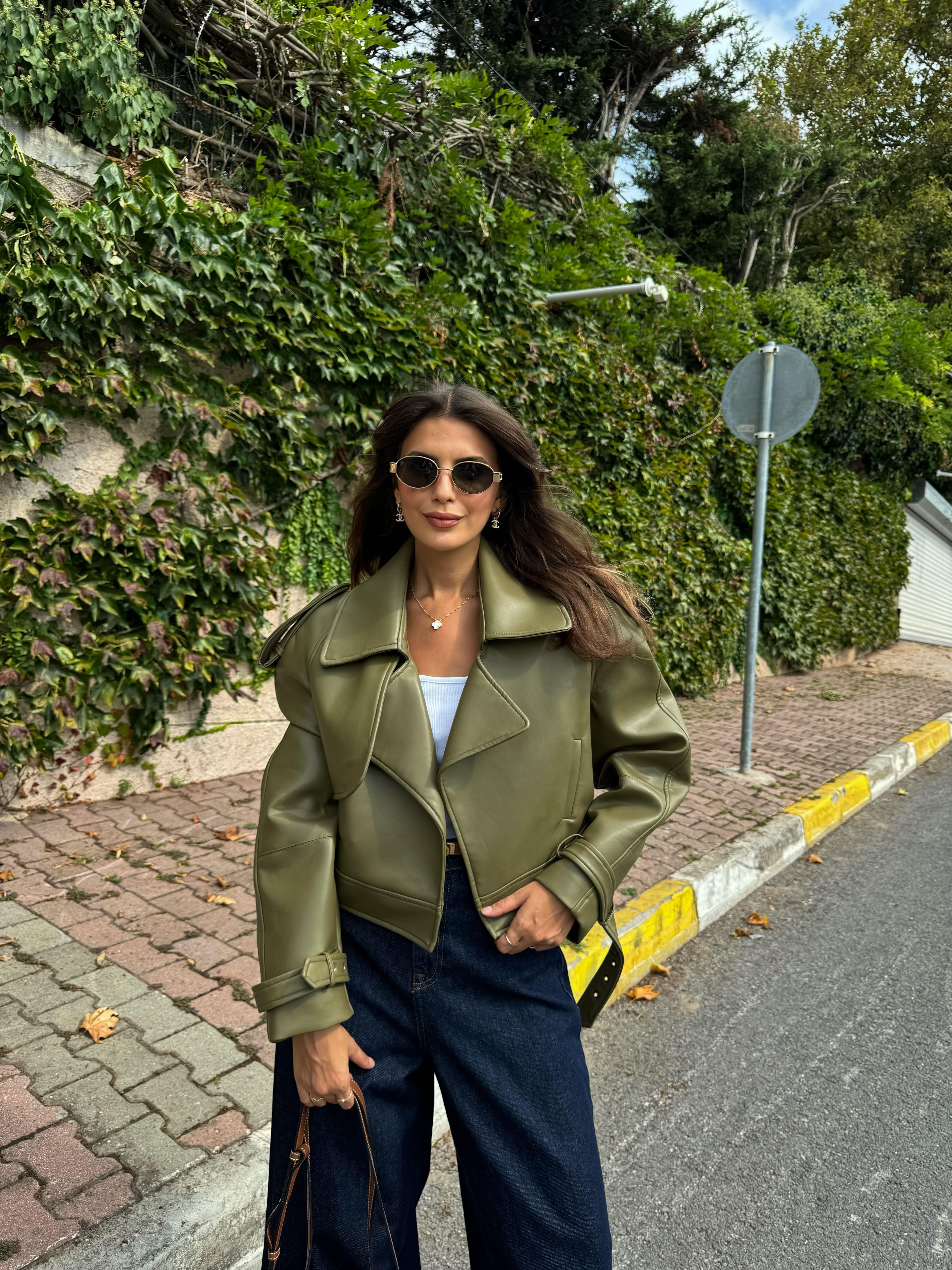 Premium Vegan Deri Biker Ceket Yeşil| Butik Merve Aksoy