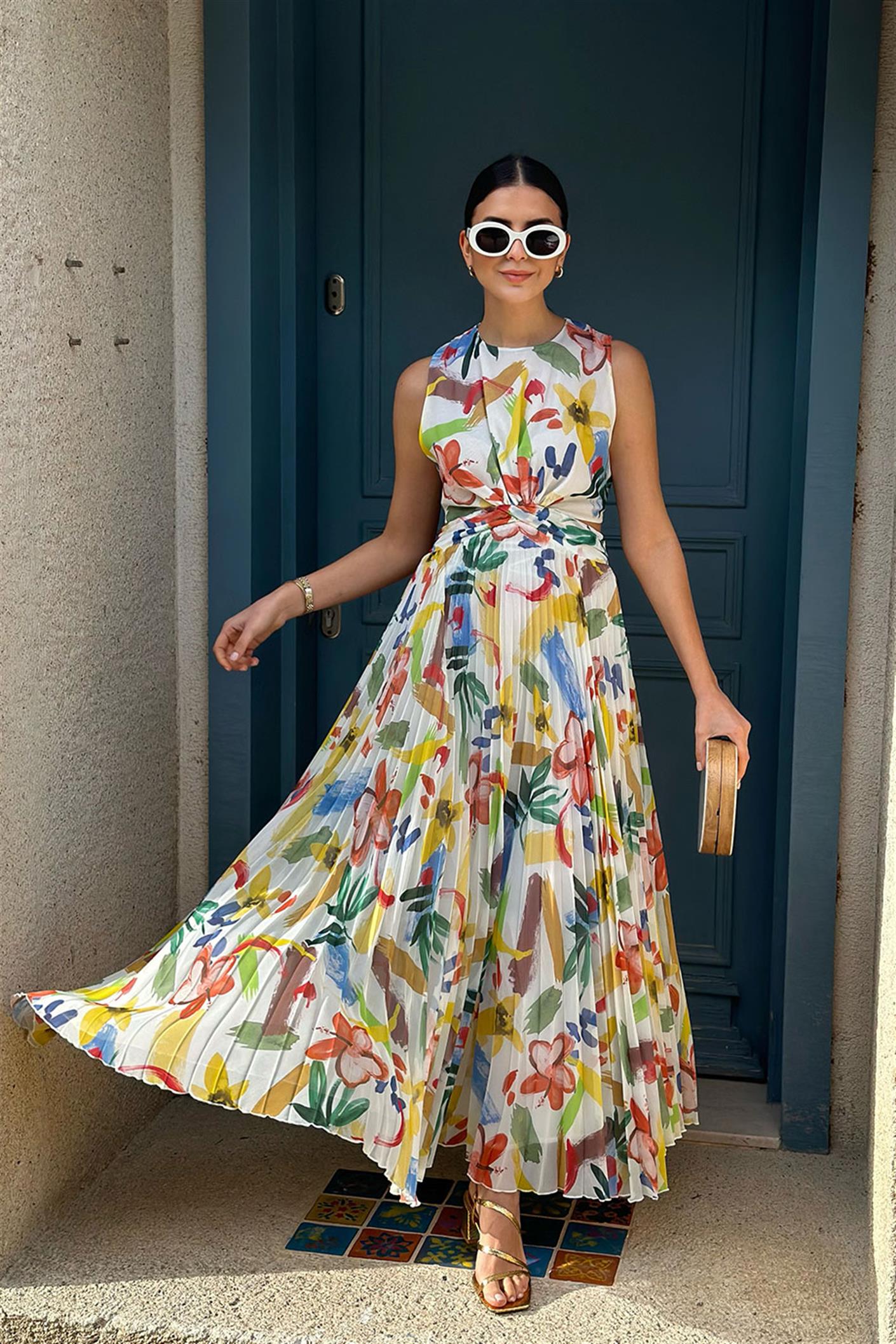 Renkli Desenli Şifon Maxi Elbise