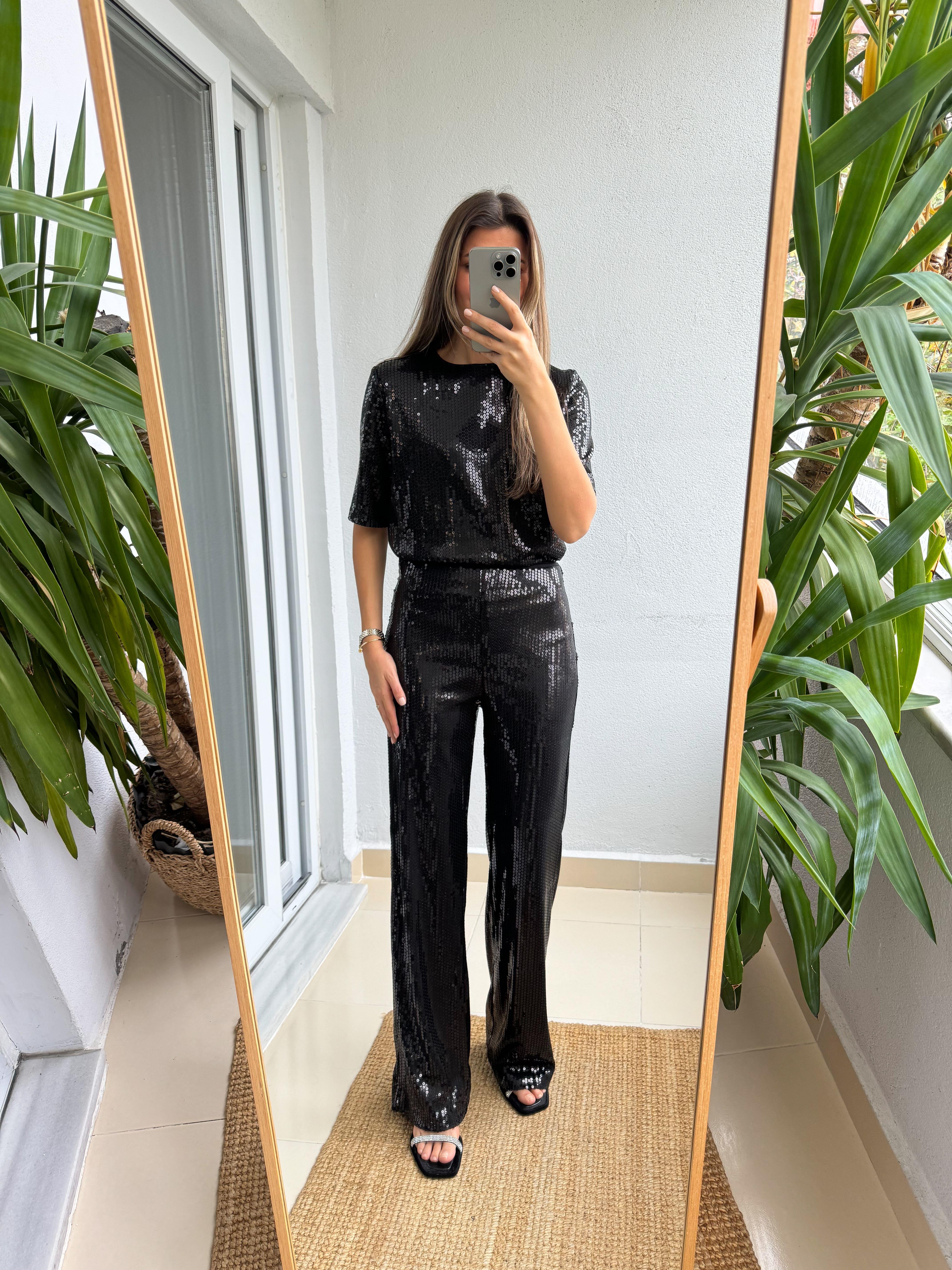 Siyah Pul Payetli Pantolon Bluz Takım| Butik Merve Aksoy
