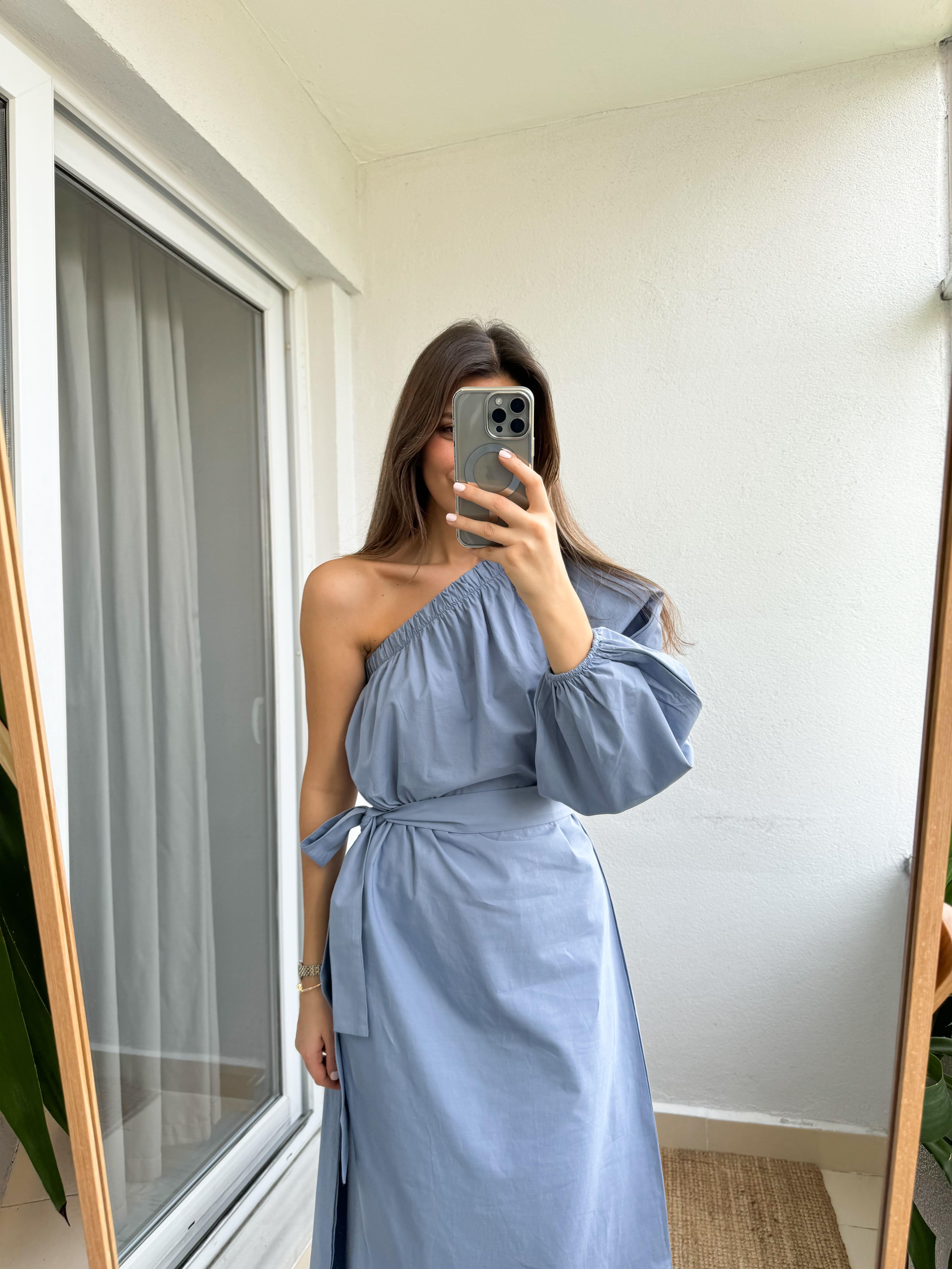 Tek Kol Kuşaklı Poplin Elbise-Mavi | Butik Merve Aksoy