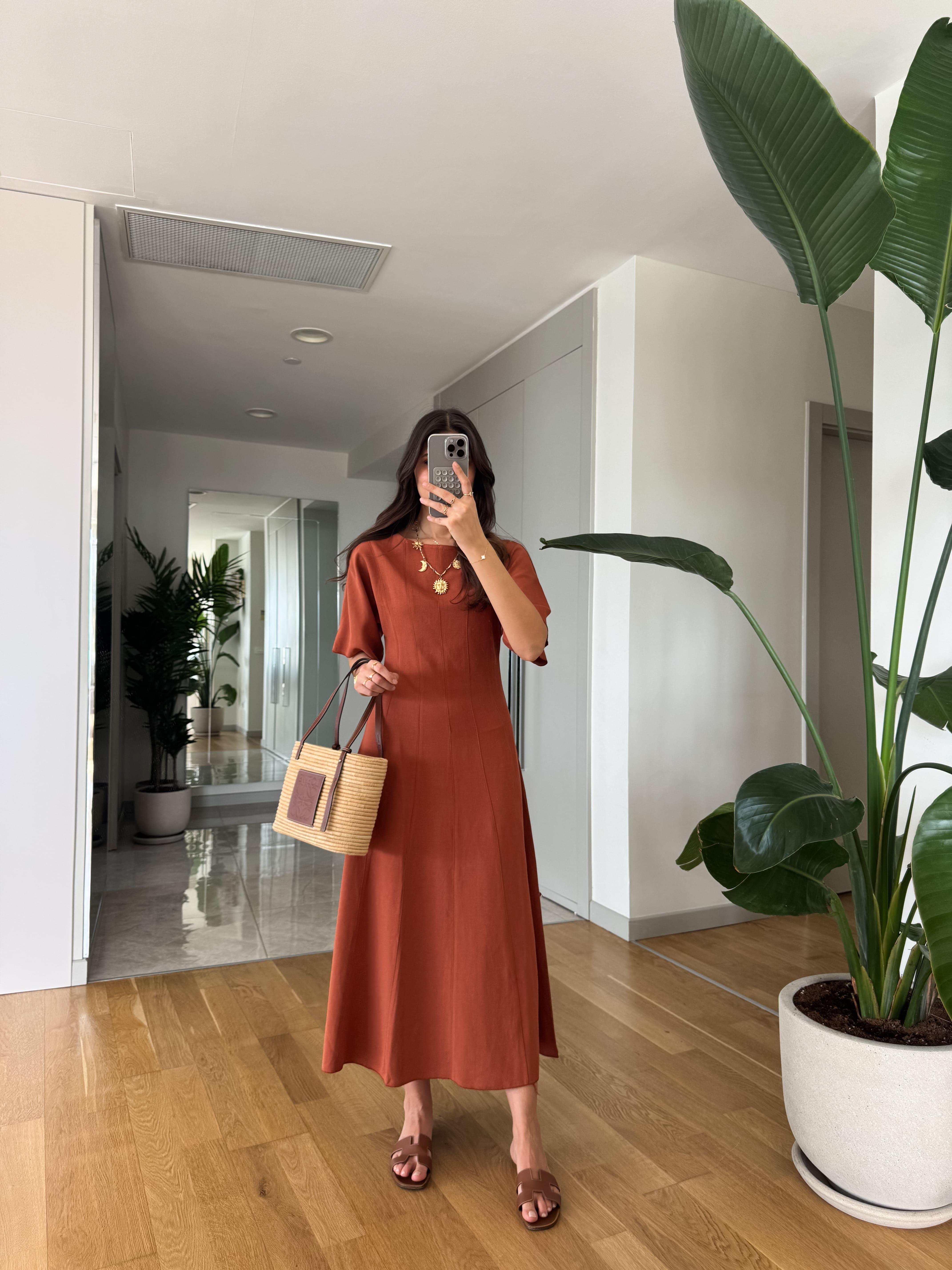 Tia Keten Dokulu Midi Elbise- Yanık Turuncu | Butik Merve Aksoy