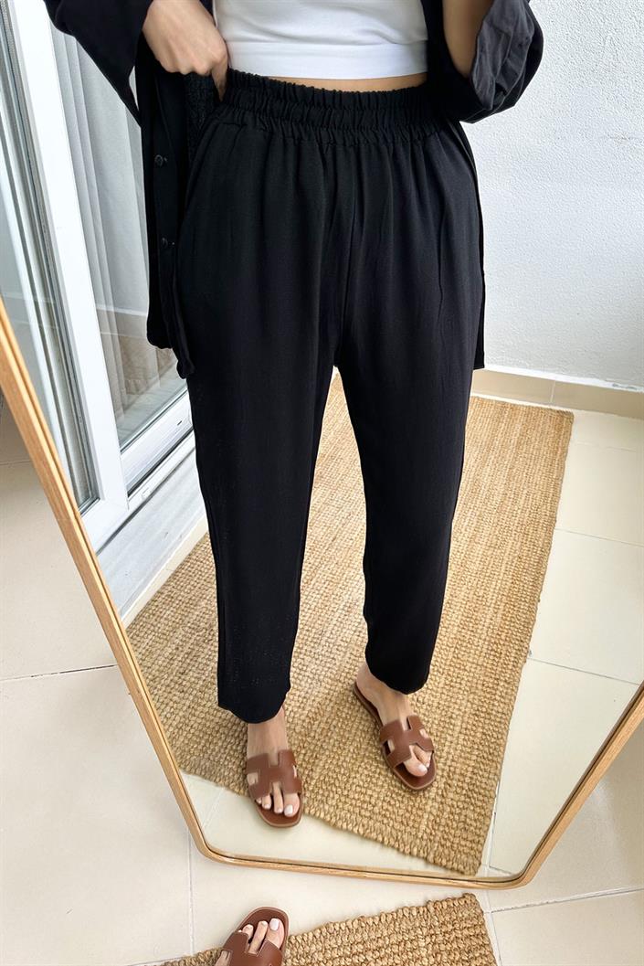 Alison Keten Görünümlü Pantolon Gömlek Takım-Siyah