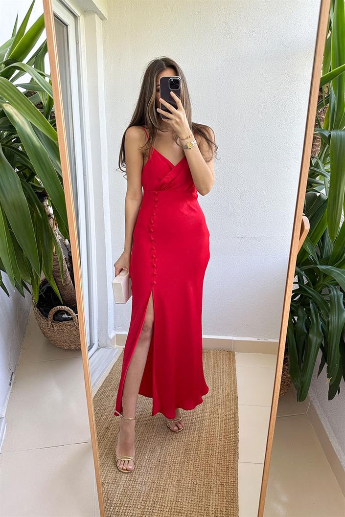 İnditex Askılı Saten Düğmeli Elbise-Kırmızı