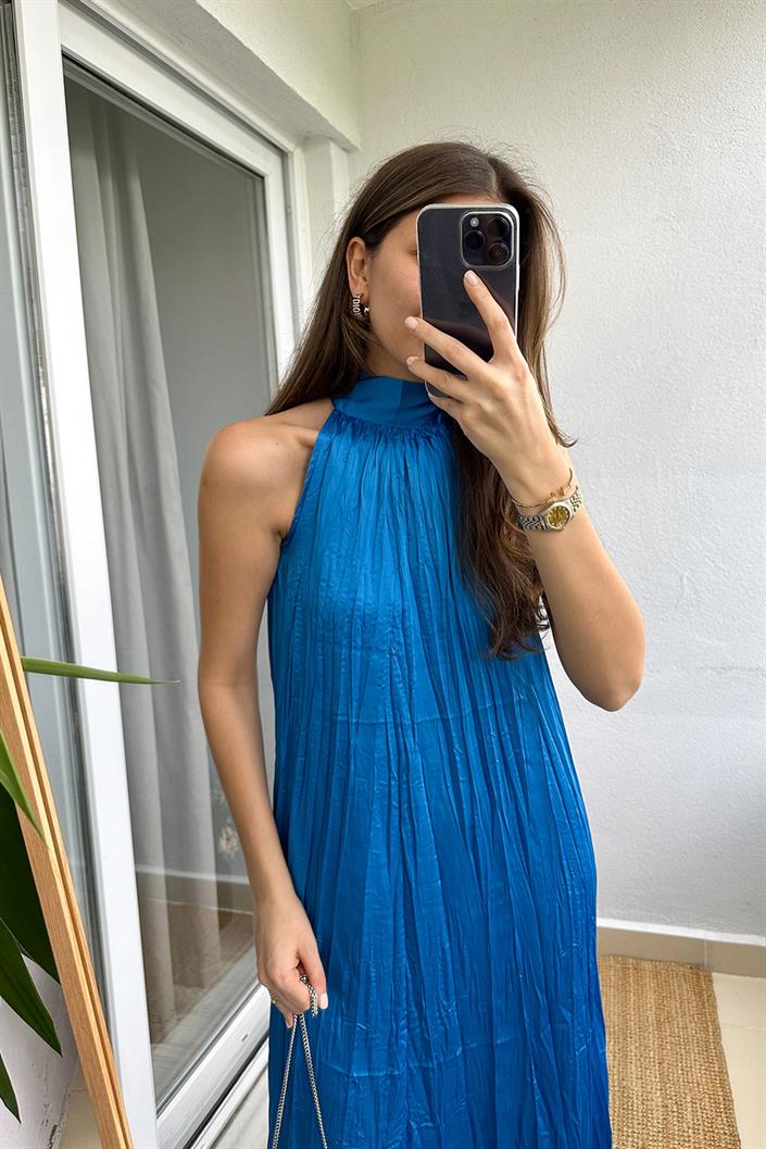 Julia Halter Yaka Midi Elbise-Mavi