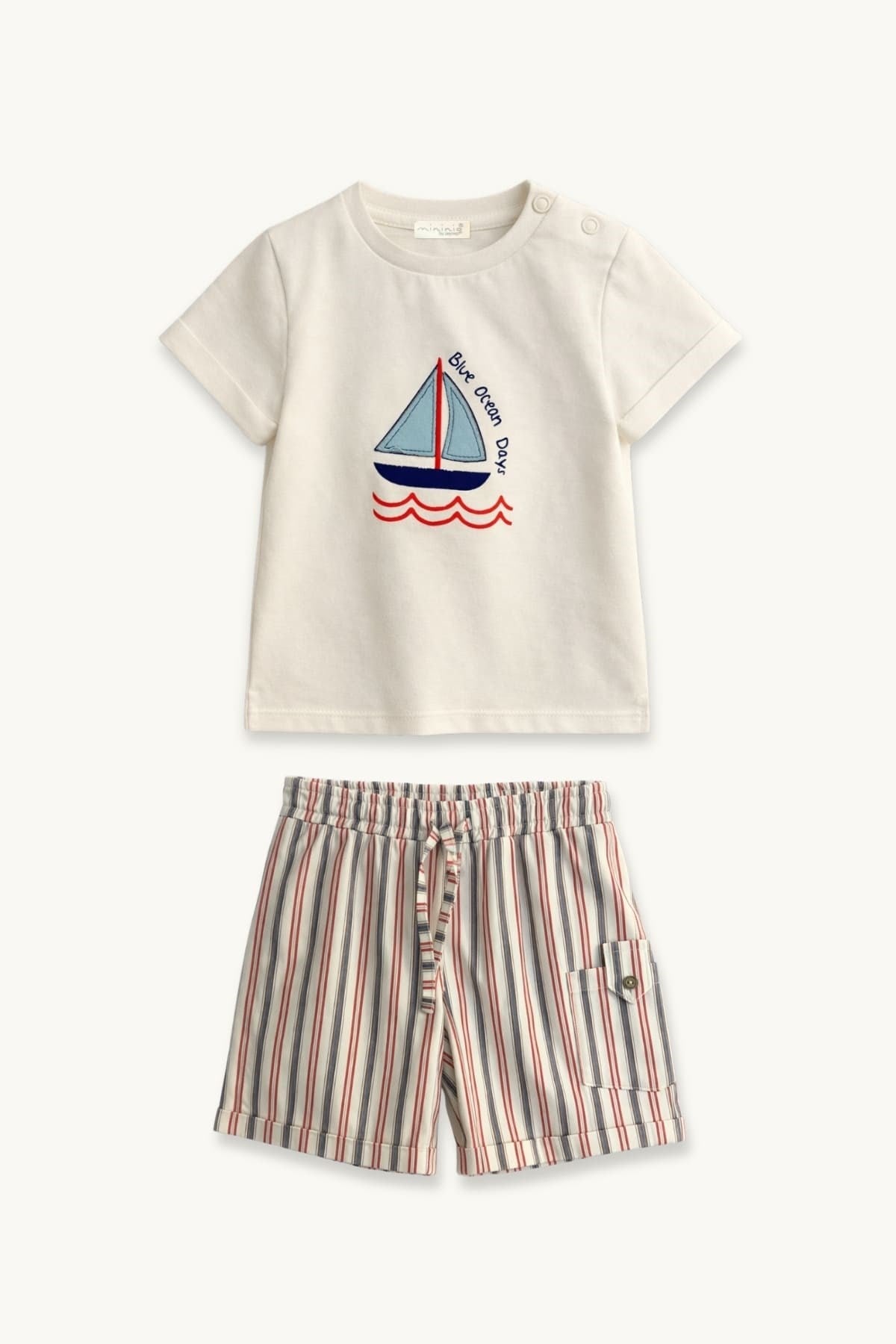 Erkek Bebek Baskı Ve Nakışlı T-shirt ve Şort Takım  - Ekru